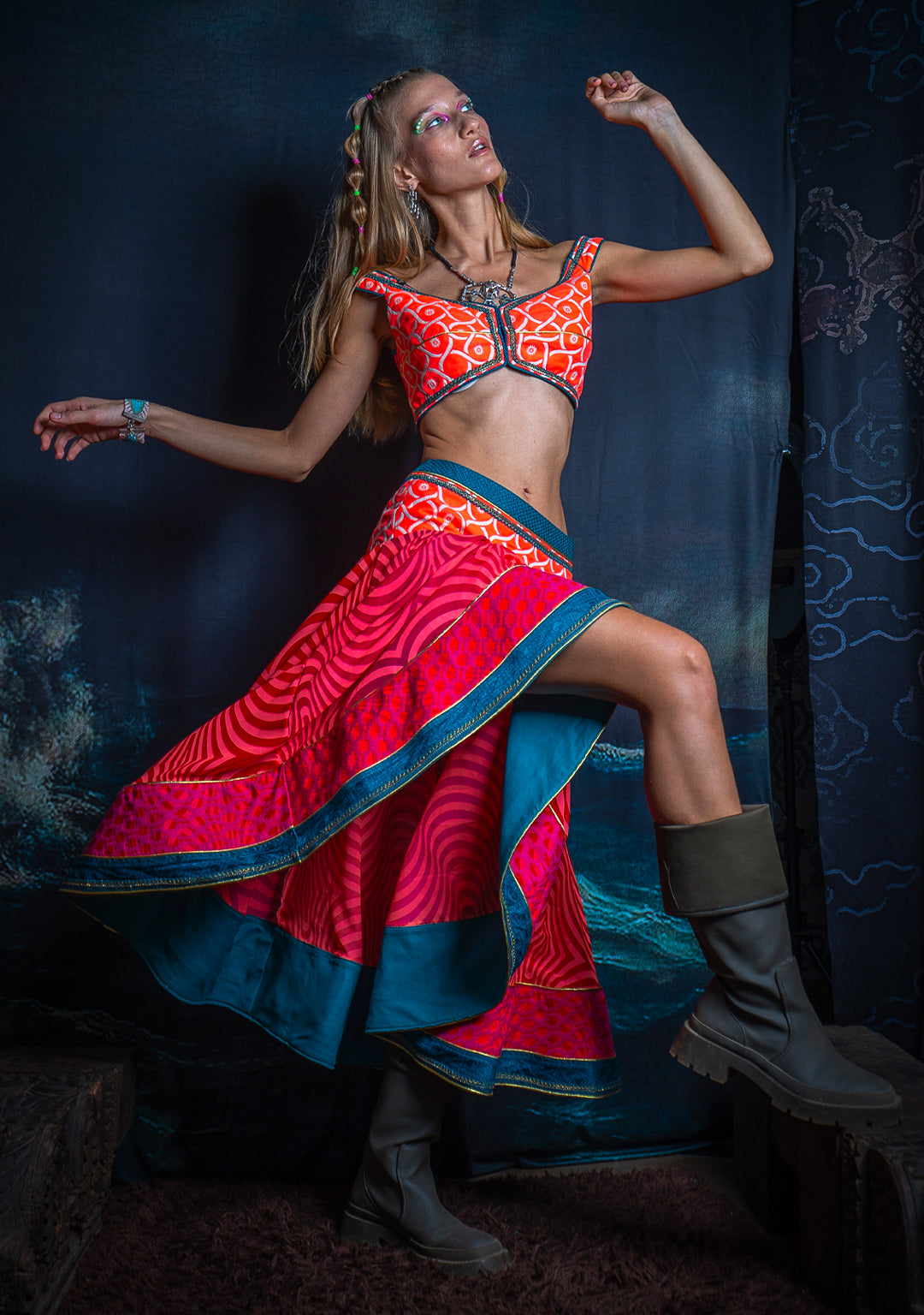 Choli & Skirt Woman Combo / Jaquard & Voile - PINKORANGE MADNESS